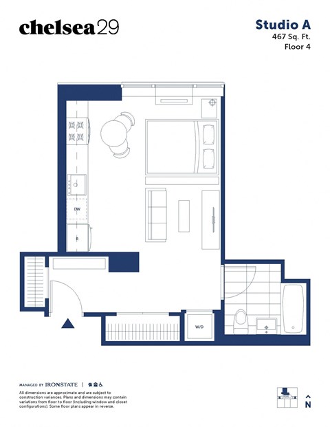 Floor plan for studio, 1 bath, 467 sqft